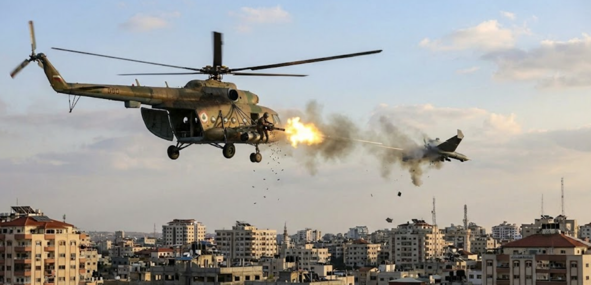 mi-8 helicopter shooting a shahed type drone over an urban area.